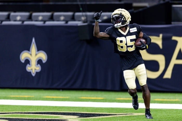 New Orleans Saints wide receiver Jontre Kirklin (85) works on receiver drills during training camp
